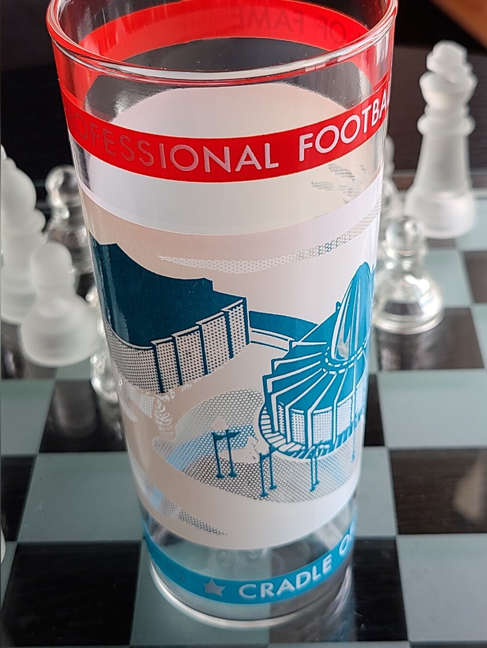 Hall OF famr Clear Glass with Blue Stadium Graphic and Red Accent Band